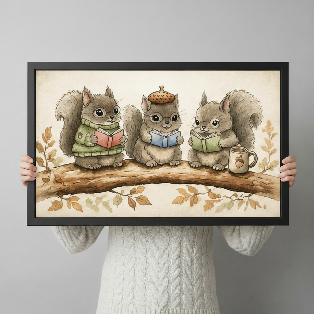 Whimsical watercolor art print of three squirrels reading on a tree branch with acorn mug, hand-held framed canvas display