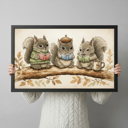 Whimsical watercolor art print of three squirrels reading on a tree branch with acorn mug, hand-held framed canvas display