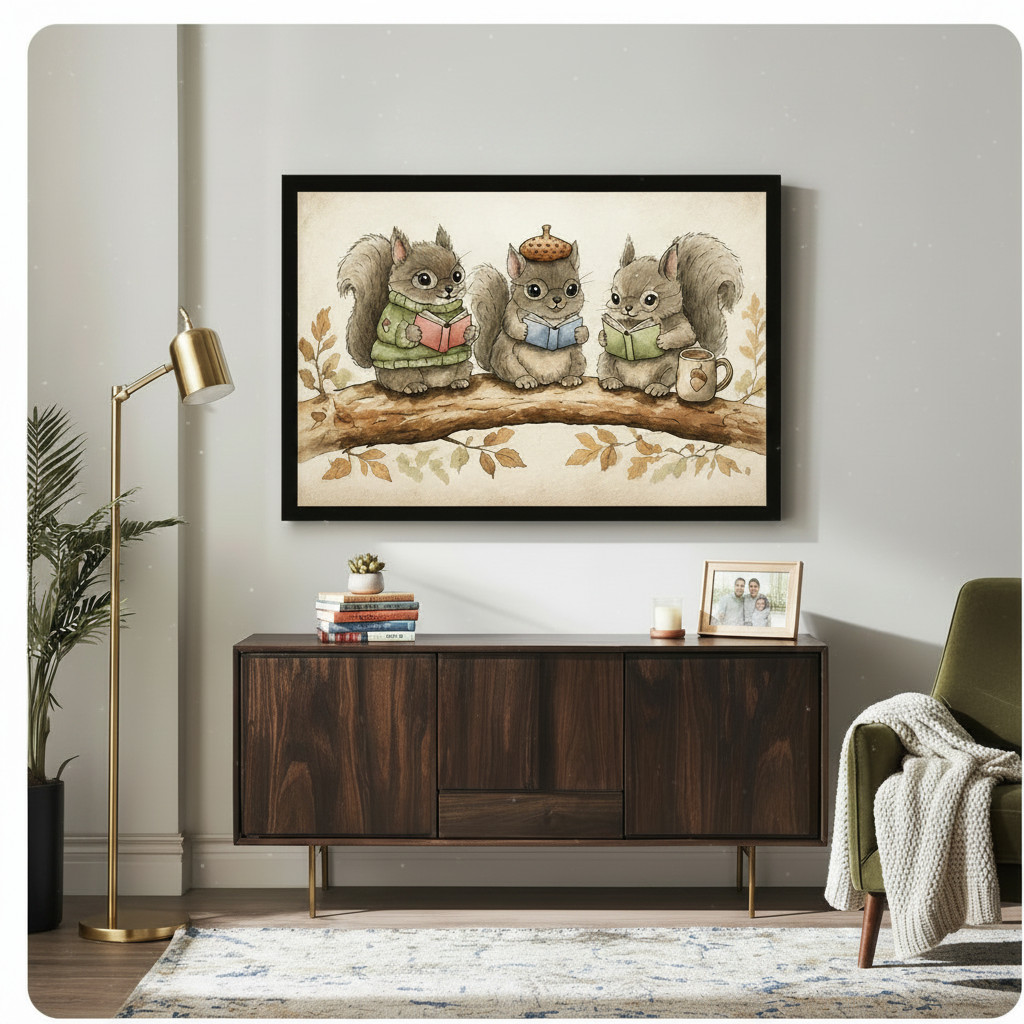 Three cute squirrels reading books on a branch – black framed wall art print in warm living room with wooden sideboard