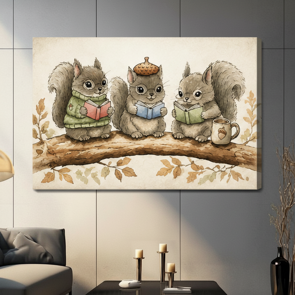 Unframed canvas wall art featuring three cozy squirrels reading books on a branch, vintage watercolor style on dark grey wall