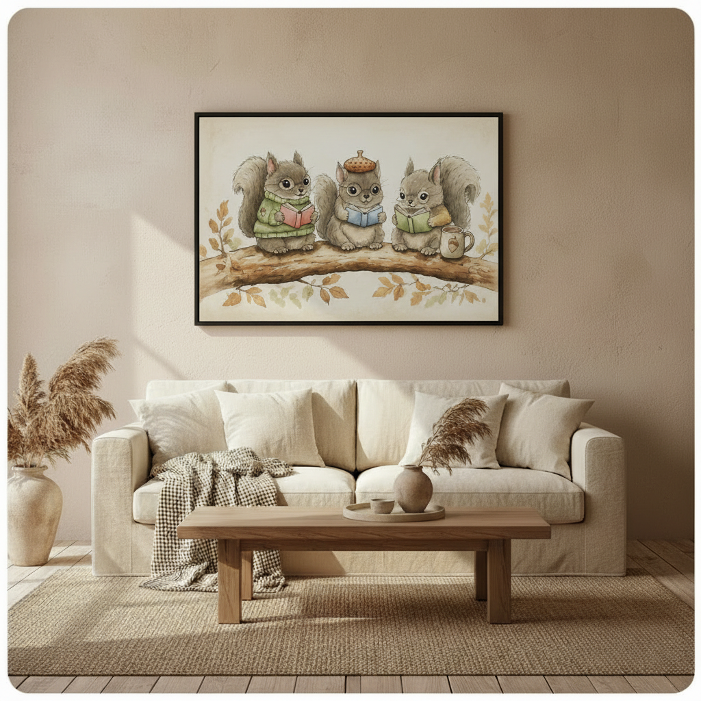 Cute squirrel trio reading books wall art above cream sofa – framed watercolor print in warm neutral boho living room