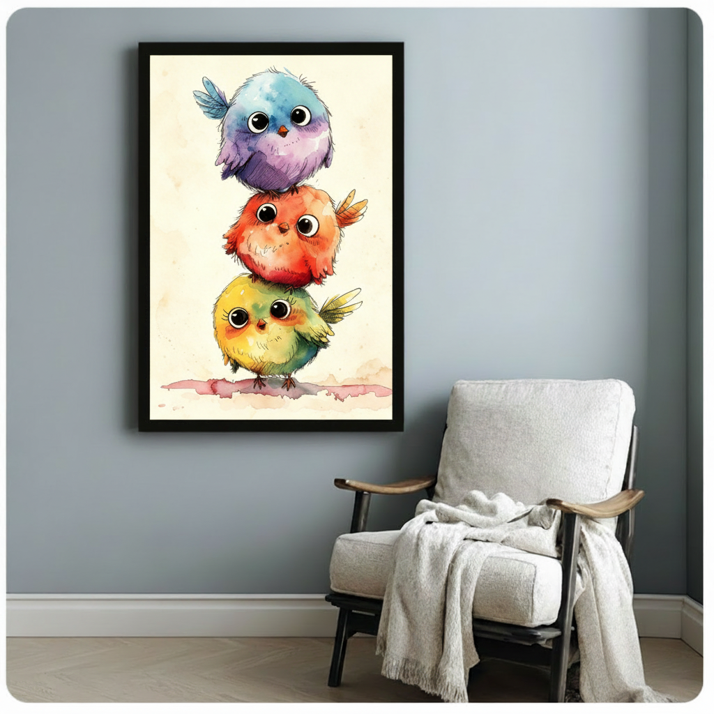 Whimsical watercolor illustration of three round fluffy birds stacked on top of each other in blue purple red orange and yellow green with big black eyes on a cream background cute bird stack wall art framed print beside white armchair on blue-gray wall