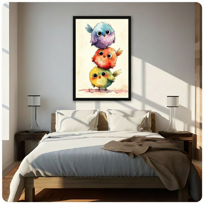 Whimsical watercolor illustration of three round fluffy birds stacked on top of each other in blue purple red orange and yellow green with big black eyes on a cream background cute bird stack wall art framed print above bedroom with white bedding and dark wood bedside tables