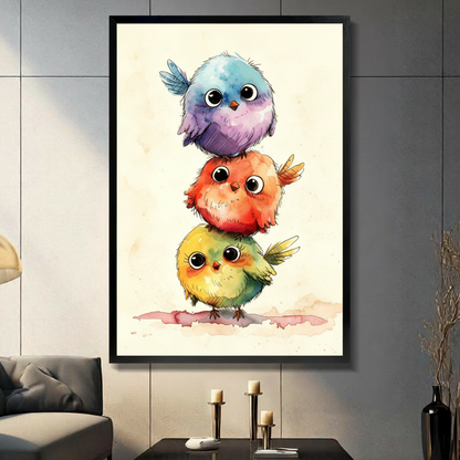 Whimsical watercolor illustration of three round fluffy birds stacked on top of each other in blue purple red orange and yellow green with big black eyes on a cream background cute bird stack wall art framed print in living room with dark gray panel wall and dark sofa