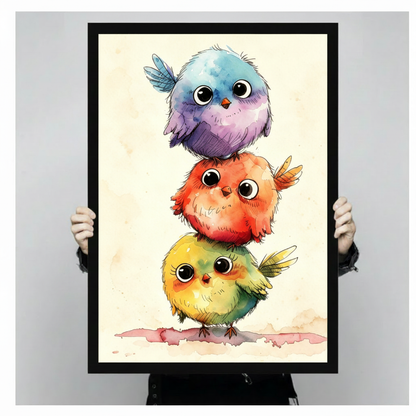 Whimsical watercolor illustration of three round fluffy birds stacked on top of each other in blue purple red orange and yellow green with big black eyes on a cream background cute bird stack wall art framed print held against light gray background