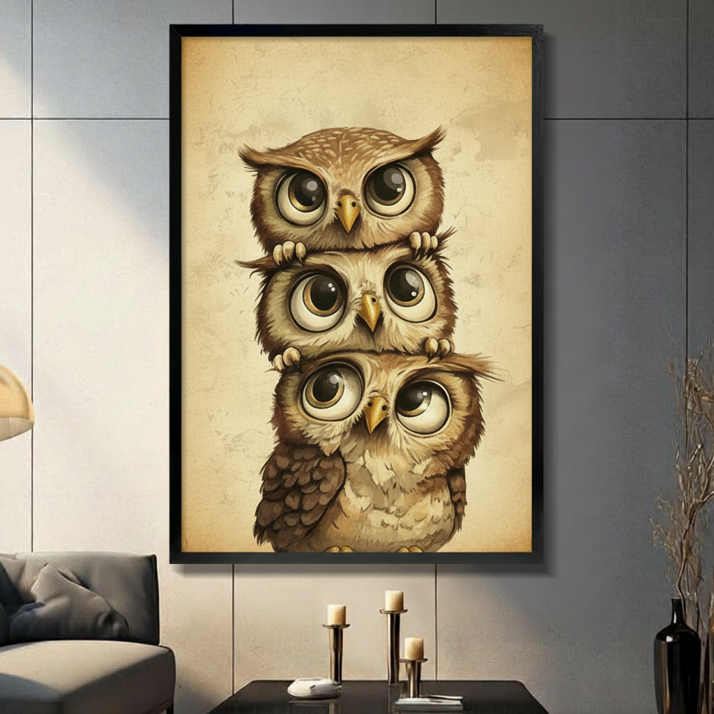 Black-framed vintage wall art featuring three stacked cartoon owls with big eyes, displayed above a candle holder in a modern living room