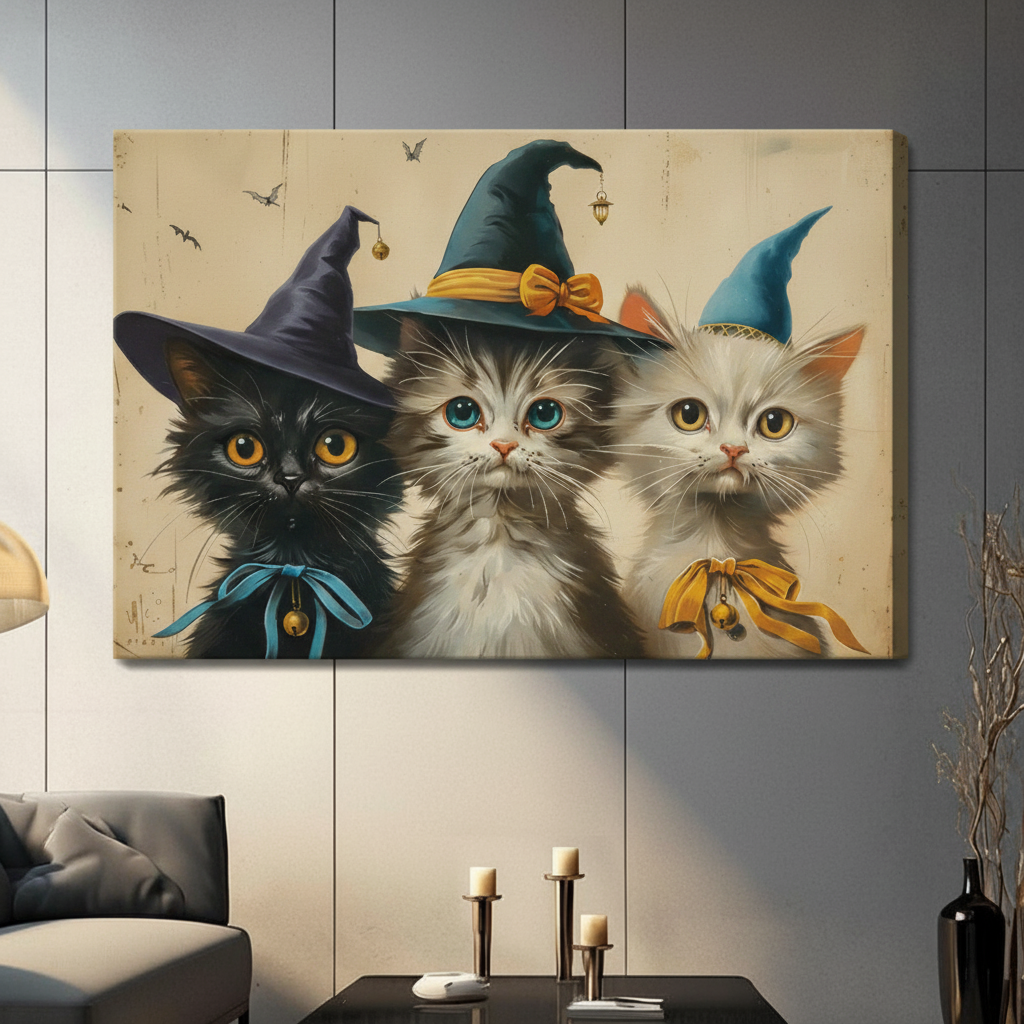 Whimsical vintage Halloween art print of three kittens in witch hats a fluffy black cat with a purple hat and teal ribbon bow a gray tabby with a teal pointed hat and gold bow and a white kitten with a small blue hat and orange ribbon with bell on a aged beige background with tiny flying bats cute Halloween cat stretched canvas in a living room with dark gray sofa and black vase