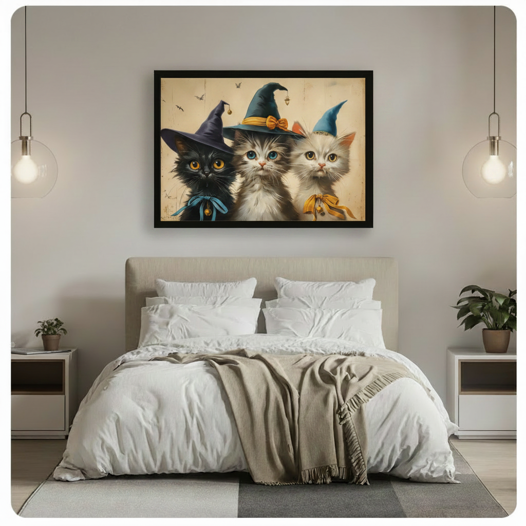 Charming vintage Halloween illustration of three cute kittens in colorful pointed witch hats with decorative bows and bells on a warm distressed beige background with tiny bat details funny Halloween witch cat wall art framed print above a modern bedroom with white linen bedding white nightstands potted plants and glass pendant lights