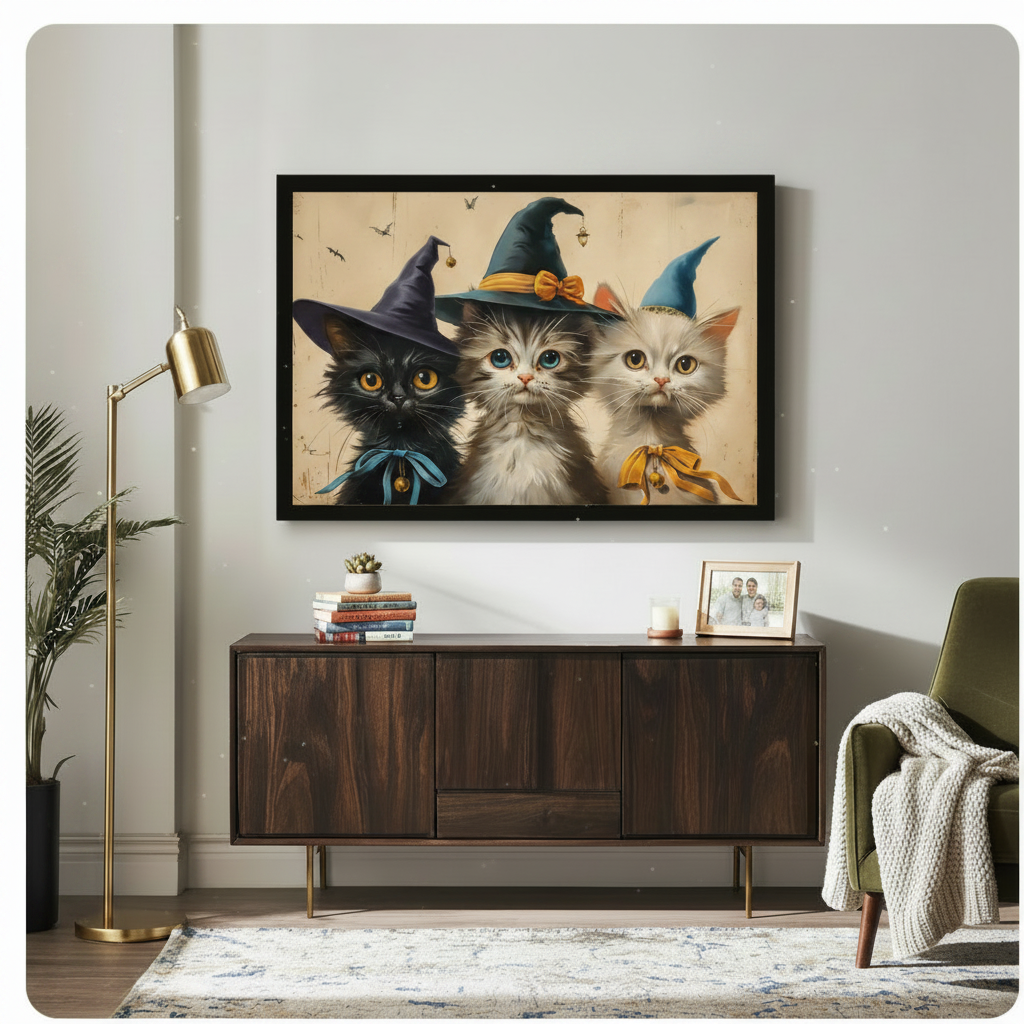 Vintage Halloween art print of three adorable kittens wearing witch hats a black cat with purple hat and teal bow a gray tabby with teal hat and gold bow and a white cat with blue hat and orange bow on an aged beige background with scattered bat silhouettes cute Halloween cat wall art framed print above a living room with dark wood sideboard gold floor lamp green armchair and potted plants