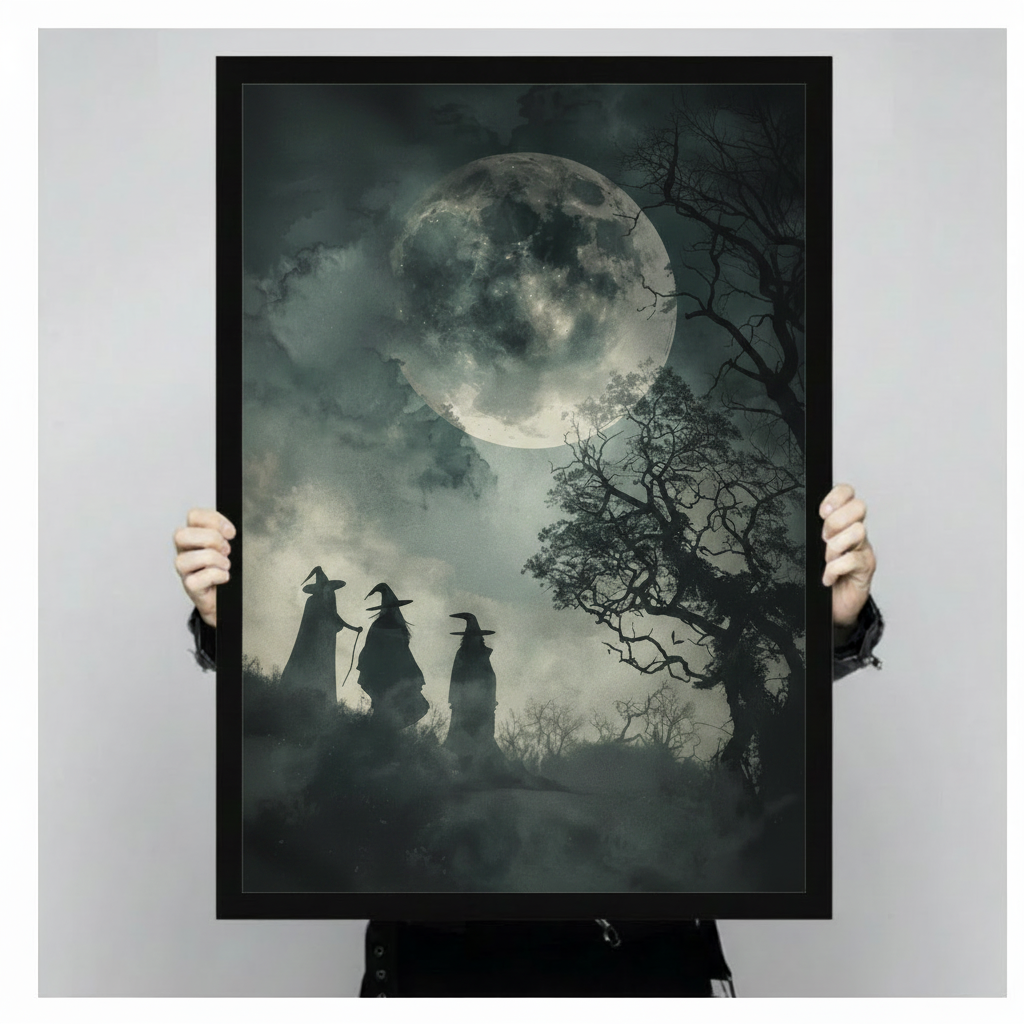 Close-up of a gothic framed wall art print showing three witch silhouettes beneath a dramatic full moon with swirling fog and dark twisted trees