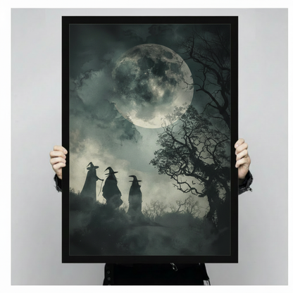 Close-up of a gothic framed wall art print showing three witch silhouettes beneath a dramatic full moon with swirling fog and dark twisted trees