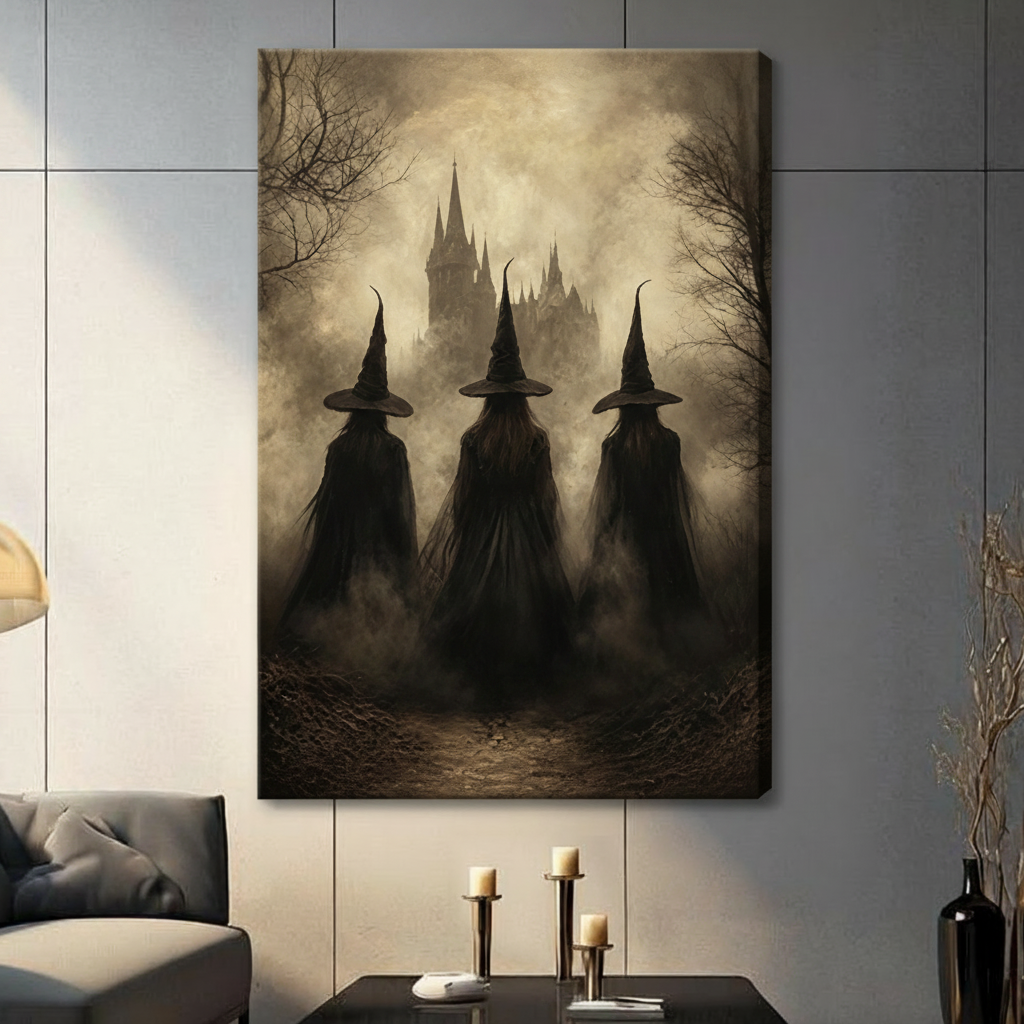 Gallery wrap canvas gothic three witches black cloaks pointed hats misty gothic castle bare trees sepia oil painting Halloween wall art