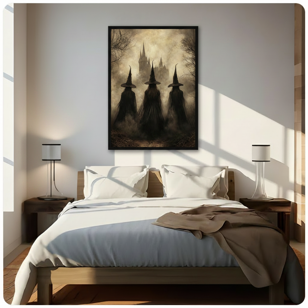 Black framed gothic three witches misty castle sepia oil painting dark academia Halloween canvas wall art above dark wood bed