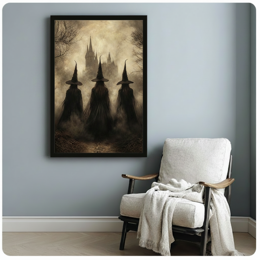 Black framed three witches dark castle misty gothic oil painting dark academia Halloween canvas art hung beside a white lounge chair