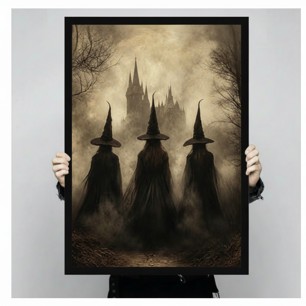 Hands holding black framed gothic three witches pointed hats dark misty castle oil painting Halloween canvas art size display