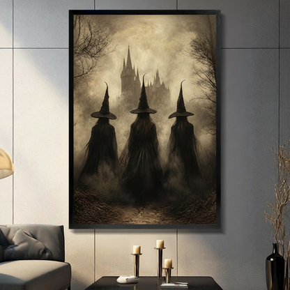 Black framed gothic three witches in pointed hats facing a dark misty castle oil painting dark academia canvas wall art in a modern living room