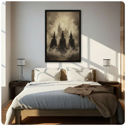 Three witches dark fantasy framed canvas art hung above bed in bright minimalist bedroom with wood furniture