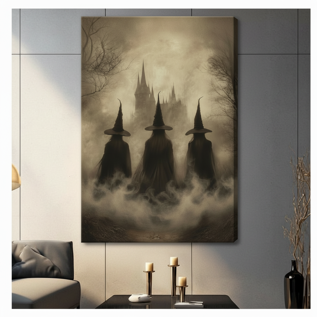 Gallery wrapped three witches dark fantasy sepia canvas art displayed on grey wall in contemporary living room