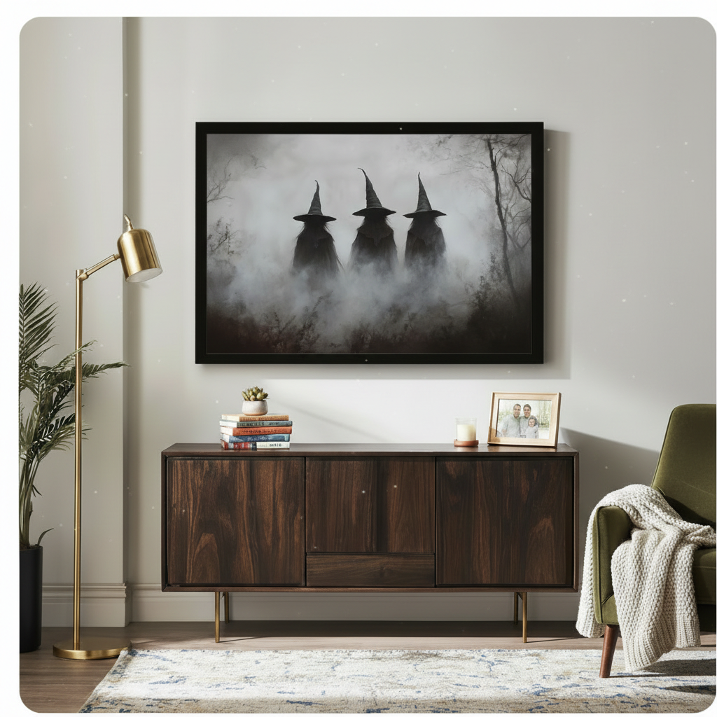 Dark atmospheric framed wall art depicting three witch silhouettes in tall hats amid swirling forest mist, displayed above a walnut sideboard in an eclectic modern living room