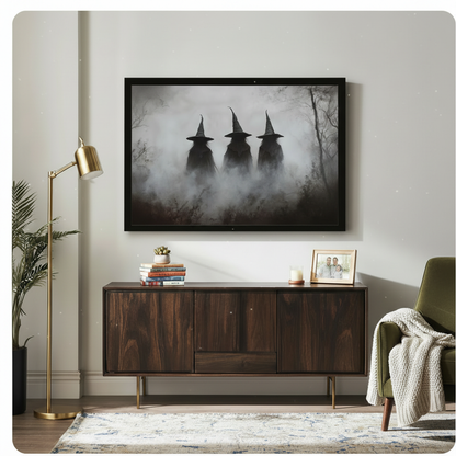 Dark atmospheric framed wall art depicting three witch silhouettes in tall hats amid swirling forest mist, displayed above a walnut sideboard in an eclectic modern living room
