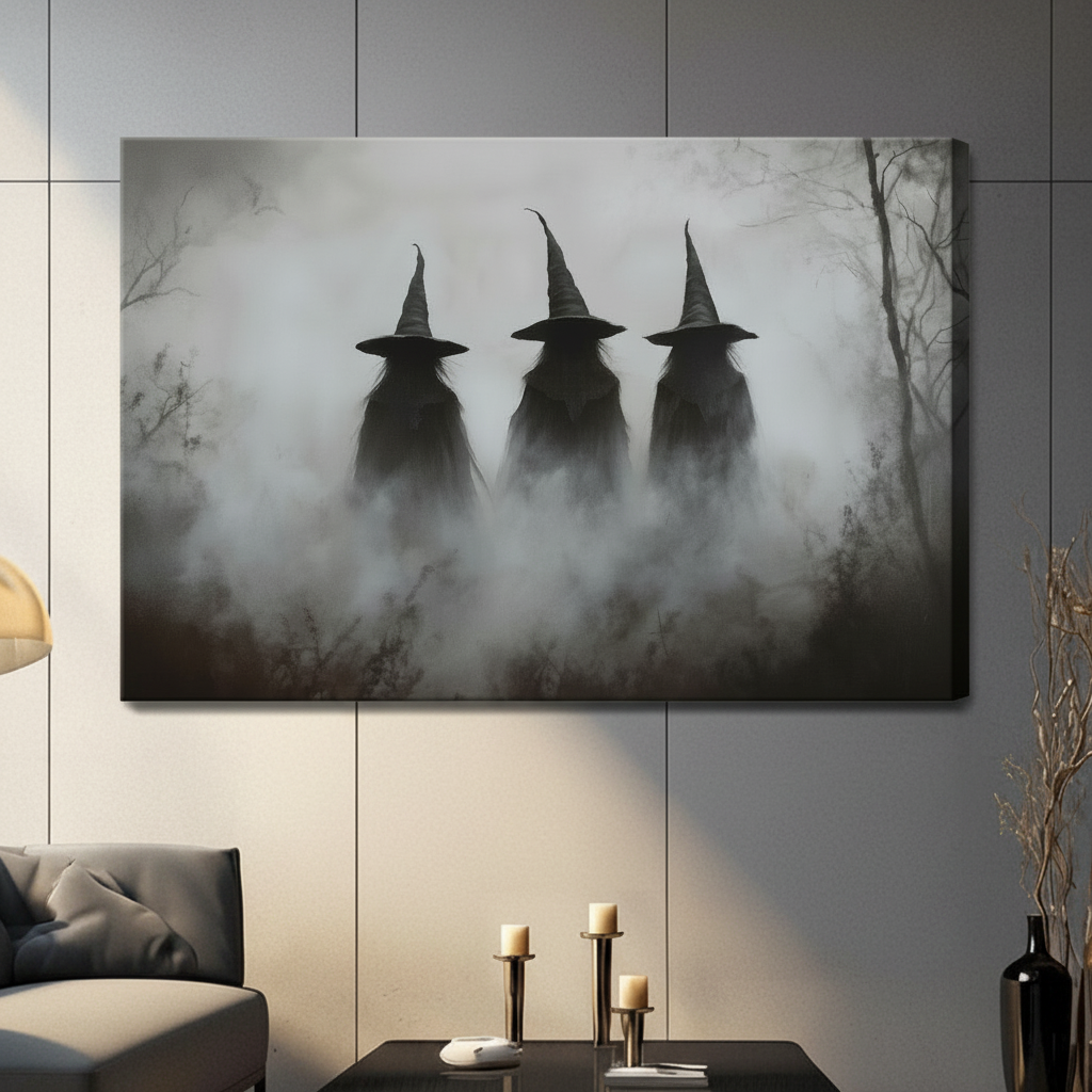 Gallery wrapped canvas of three mysterious witch silhouettes wearing pointed hats standing in a swirling misty woodland, hung in a contemporary dark-toned living space
