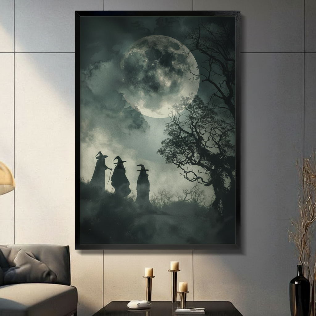 Framed gothic wall art print of three witch silhouettes standing beneath a giant full moon in a misty forest, displayed in a moody living room with candle holders