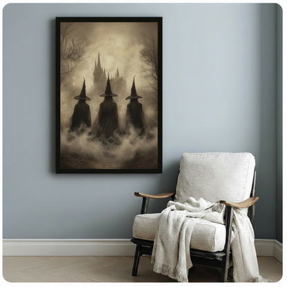 Framed gothic three witches coven sepia art print on blue-grey wall beside white linen armchair