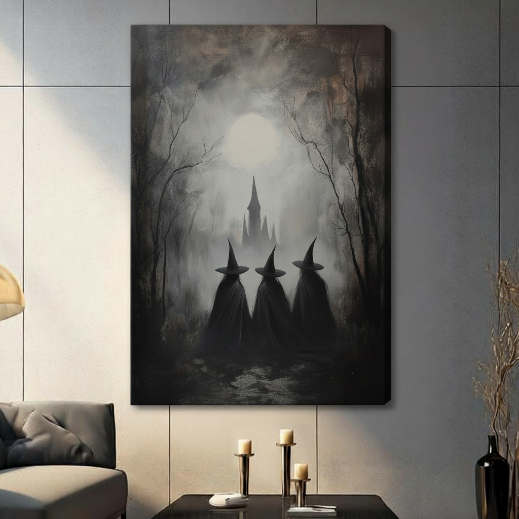 Moody gothic oil painting of three black-robed witches with tall pointed hats seen from behind walking toward a fog-shrouded castle tower in a dark forest with twisted bare trees and a large hazy moon glowing through the mist Halloween witch coven wall art stretched canvas in a living room with light gray panel wall dark sofa candle holders and black vase