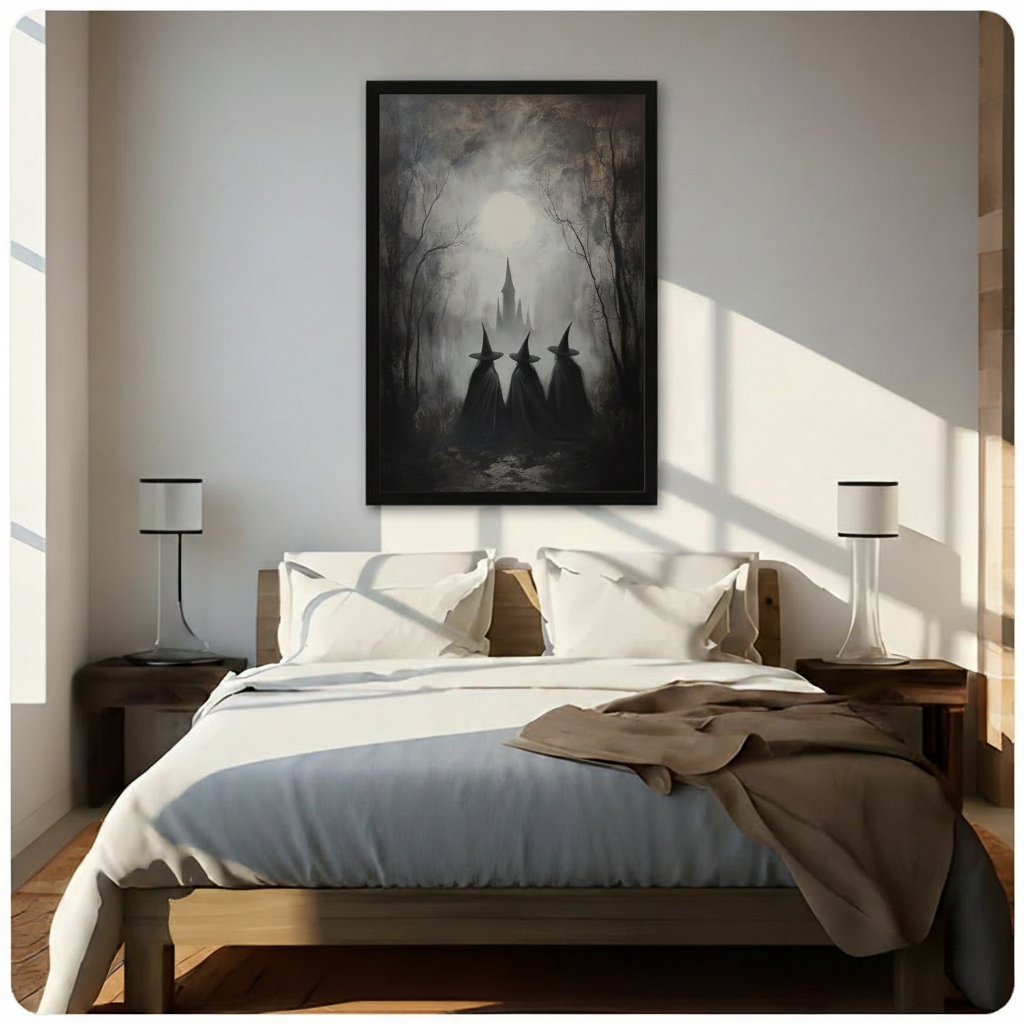 Haunting dark oil painting of three black-cloaked witches with pointed hats standing with their backs to the viewer in a misty dark forest gazing toward a gothic castle spire beneath a large glowing moon surrounded by bare twisted trees dark gothic Halloween wall art framed print above a bedroom with white linen bedding dark wood bed frame white thin-stem table lamps and dark wood nightstands