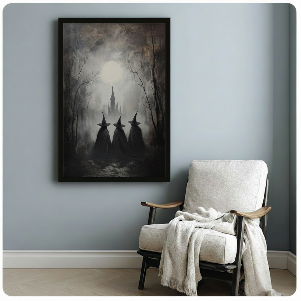 Eerie dark oil painting of three faceless witches in heavy black cloaks and pointed hats standing together before a misty forest path leading to a gothic castle silhouette beneath a glowing moon with bare branching trees on either side dark witchcore Halloween wall art framed print beside a white linen armchair with wood arms and a white throw blanket on a blue gray wall