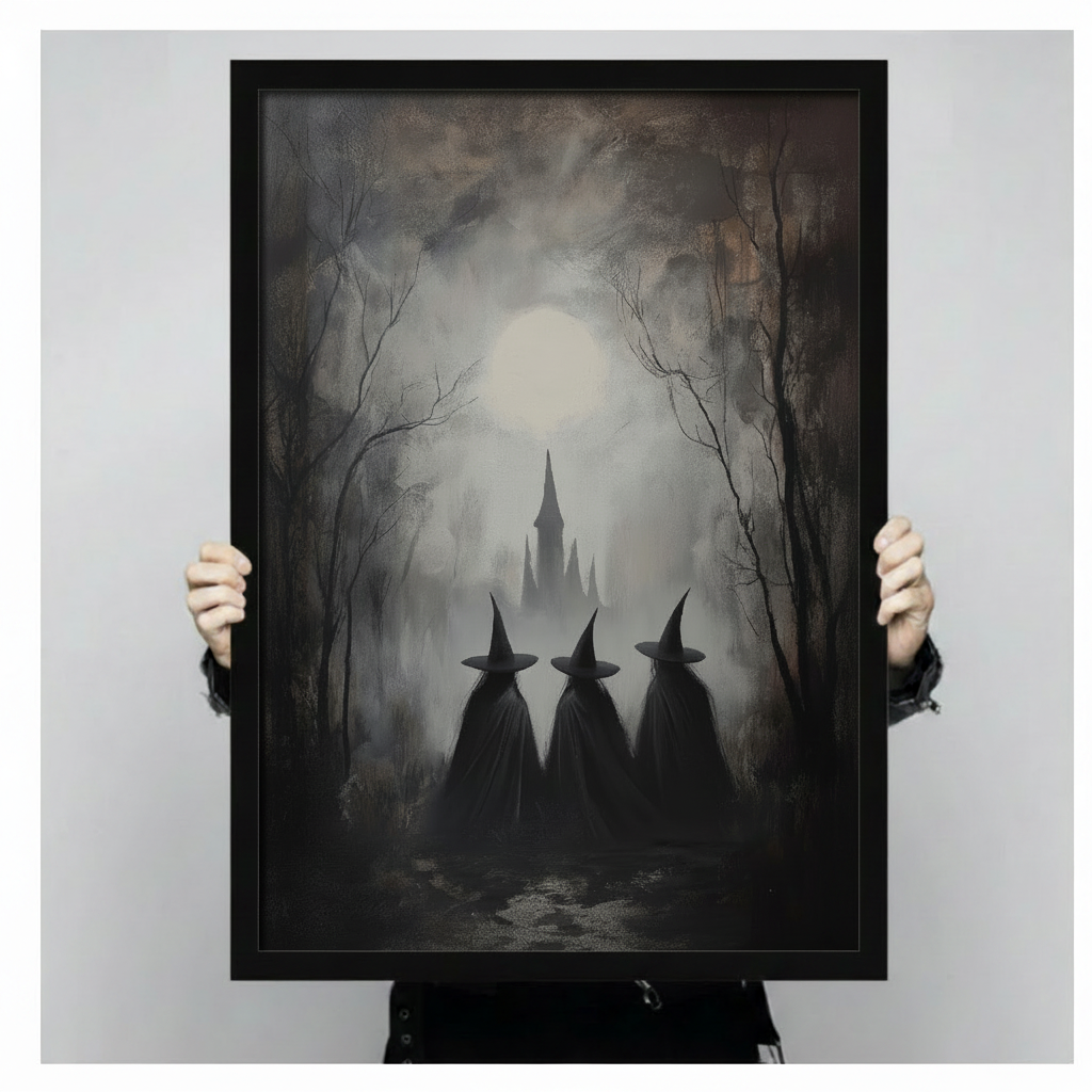 Atmospheric dark painting of three witches in tall black pointed hats and long dark cloaks viewed from behind standing before a foggy enchanted forest with a ghostly gothic castle tower and a luminous full moon breaking through low clouds dark Halloween witch art framed print held against a light gray background