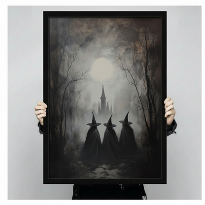 Atmospheric dark painting of three witches in tall black pointed hats and long dark cloaks viewed from behind standing before a foggy enchanted forest with a ghostly gothic castle tower and a luminous full moon breaking through low clouds dark Halloween witch art framed print held against a light gray background