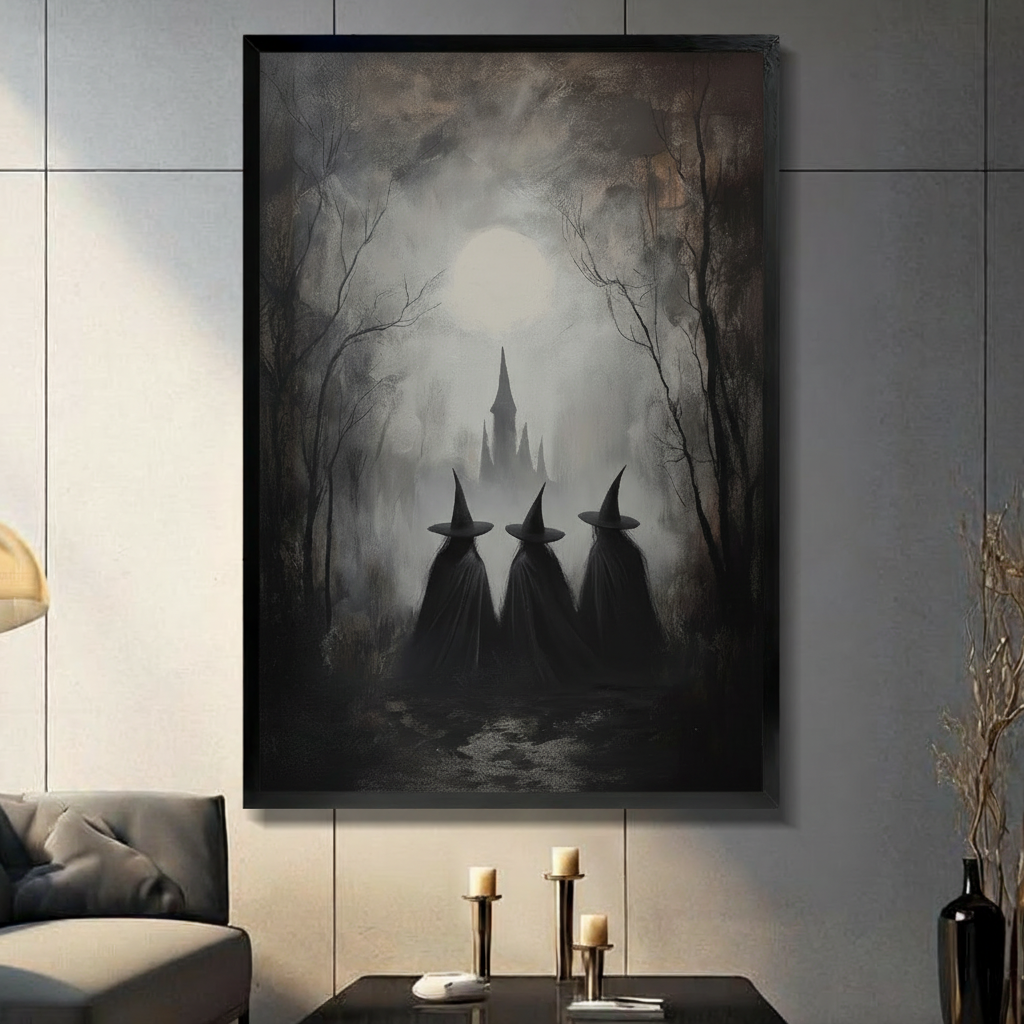 Dark atmospheric oil painting of three cloaked witches in black pointed hats standing side by side with their backs to the viewer facing a misty gothic castle spire through a foggy dark forest framed by bare gnarled trees beneath a glowing full moon dark witch coven Halloween wall art framed print in a living room with light gray panel wall dark sofa candle holders and black vase
