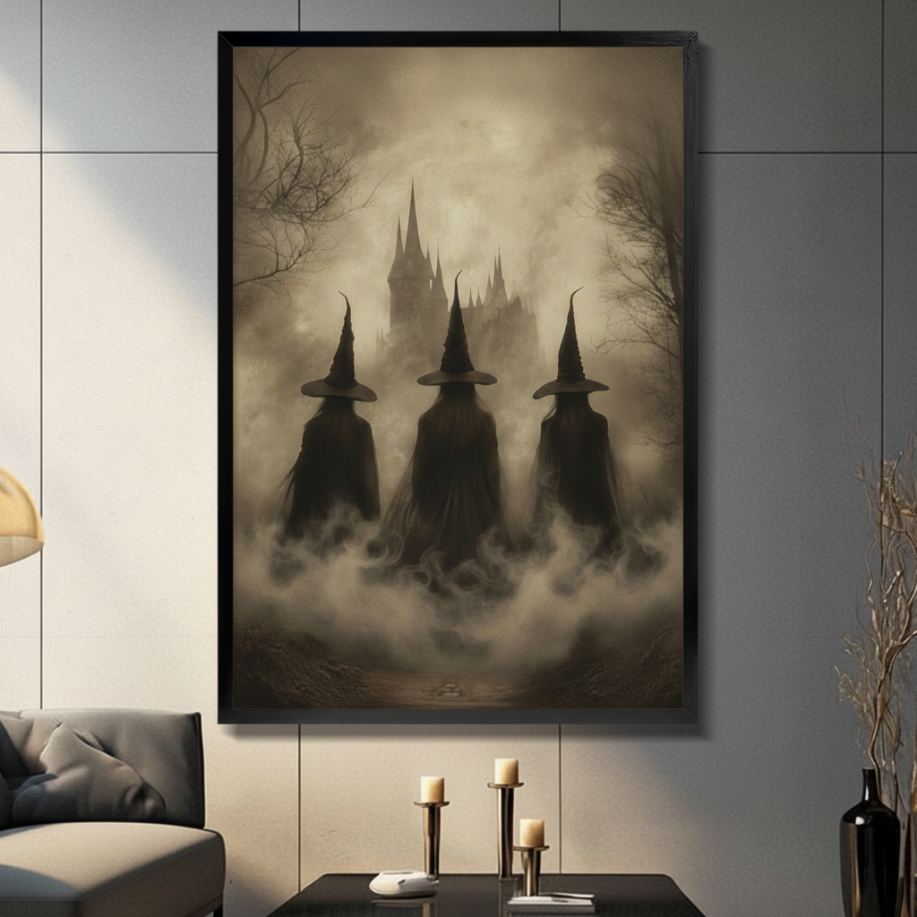 Framed three witches gothic sepia canvas print hung on modern living room wall above candle display