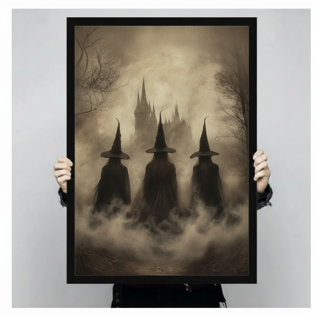 Hand-held framed three witches gothic sepia canvas print showing black frame detail and print size reference