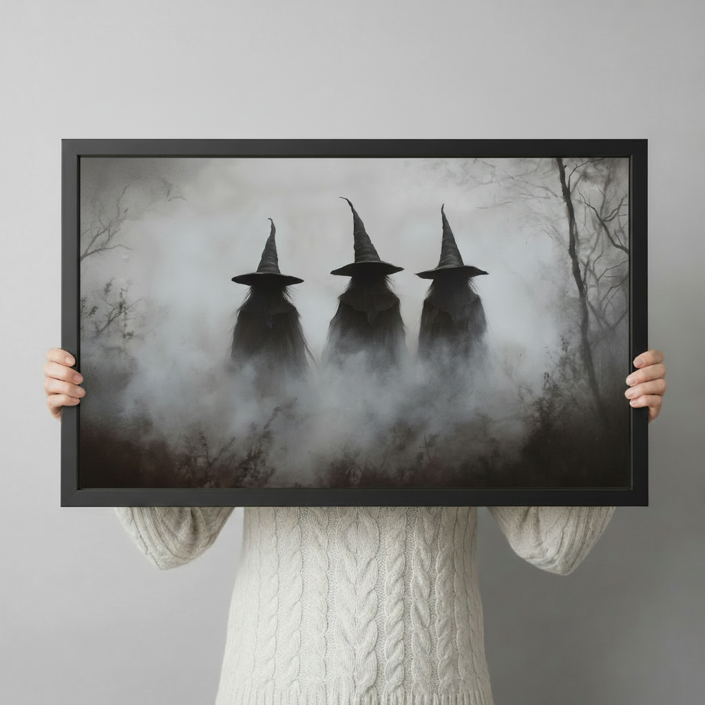 Person holding a black-framed gothic art print featuring three dark witch figures with pointed hats rising from thick white fog among bare tree branches