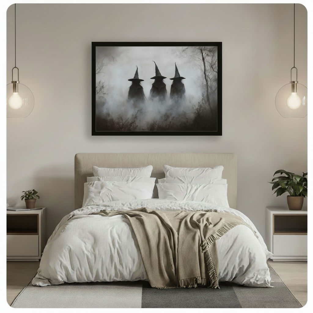 Gothic framed canvas print of three shadowy witches in pointed hats shrouded in fog, styled above a white linen bed with pendant lights in a serene minimalist bedroom