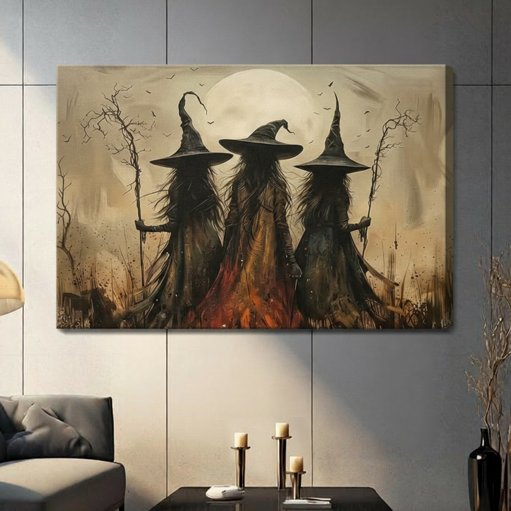Gallery wrap stretched canvas of three mysterious witches in tattered black robes and tall pointed hats seen from behind standing together in a moonlit wilderness with twisted branch wands bats in the sky bare dead trees and a crackling bonfire at their feet gothic Halloween atmospheric oil painting in warm golden brown tones hung frameless on a gray paneled wall above a dark sofa