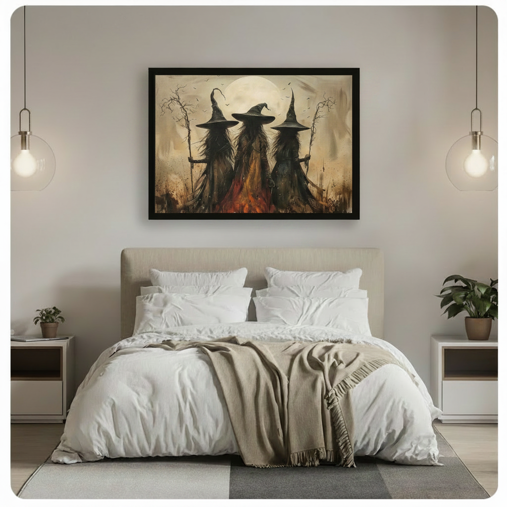 Black framed moody gothic Halloween canvas wall art of three cloaked witches with tall pointed hats standing back-to-viewer in a moonlit field holding twisted branch staffs with bats overhead bare trees and a glowing orange bonfire below atmospheric oil painting in warm sepia and amber tones hung above a beige upholstered bed with white linen bedding flanked by glass globe pendant lights and green plants