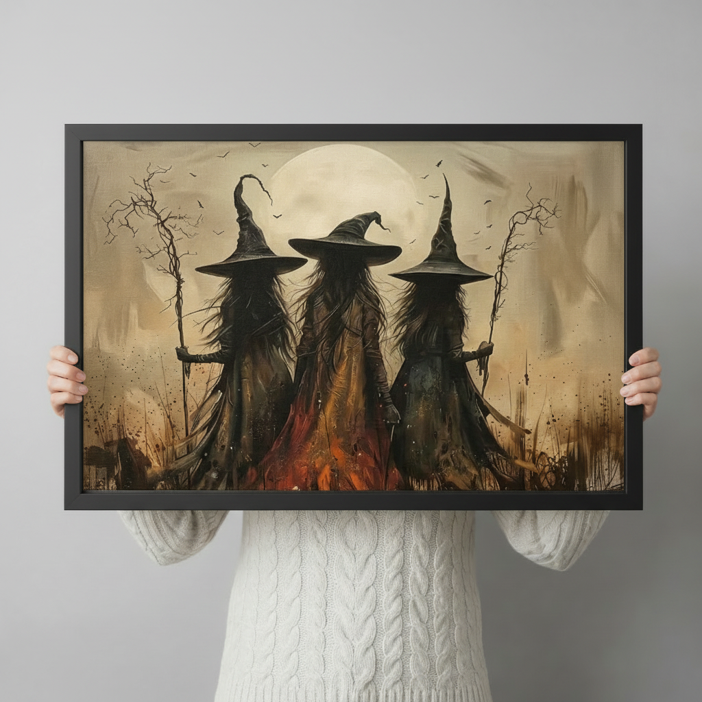 Person in a white cable knit sweater holding up a large black framed gothic Halloween oil painting of three witches in black robes and pointed hats standing back-to-viewer under a glowing full moon with bats flying gnarled branch staffs and a bonfire at their feet warm amber toned canvas art print, front-facing horizontal product size display
