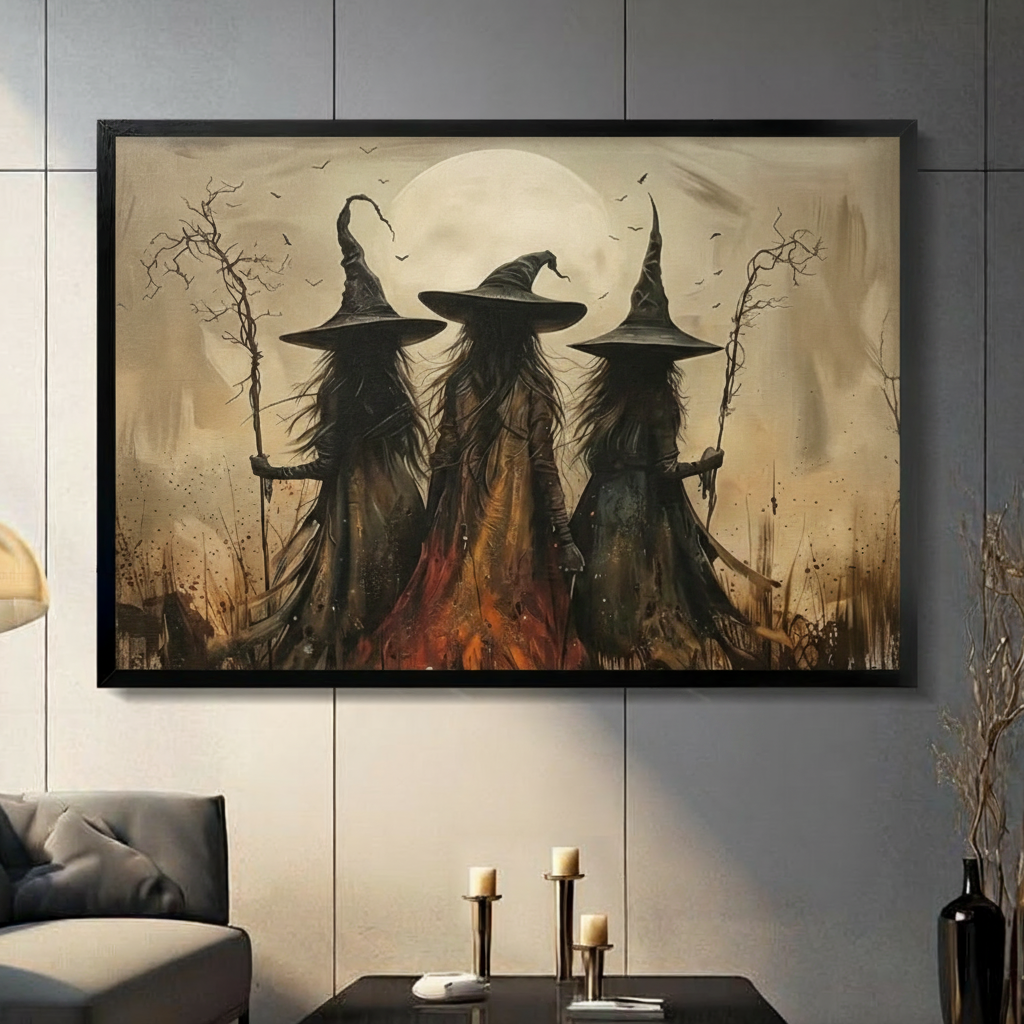 Black framed gothic Halloween oil painting of three dark-robed witches standing back-to-viewer side by side under a full moon holding gnarled branch staffs with bats flying overhead bare trees surrounding them and a glowing orange bonfire at their feet warm amber and sepia toned canvas wall art displayed in a modern gray paneled living room with dark sofa and pillar candlesticks