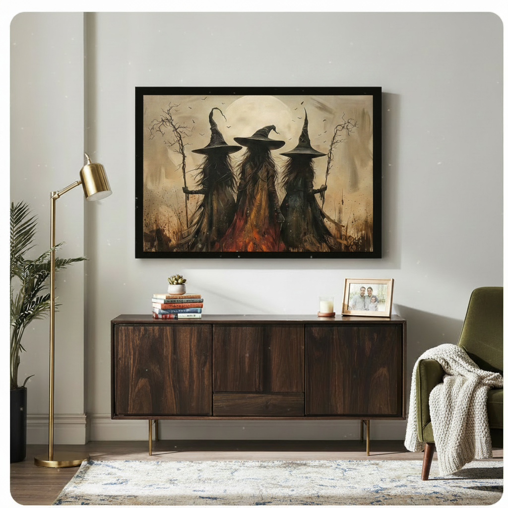 Black framed dramatic gothic Halloween oil painting of three witches in flowing black robes and tall pointed hats standing back-to-viewer under a large full moon with bats flying gnarled staffs in hand and a bonfire glowing at their feet warm amber and dark brown toned canvas wall art hung above a dark wood sideboard with stacked books succulents and a gold floor lamp beside an olive green armchair with cream throw