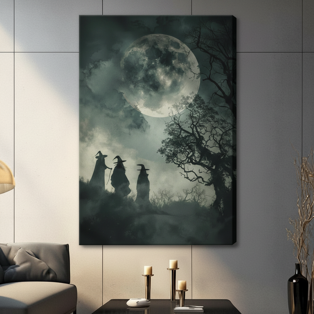 Gallery wrapped canvas print featuring three witch silhouettes under a glowing full moon surrounded by fog and bare trees, hung in a contemporary living room