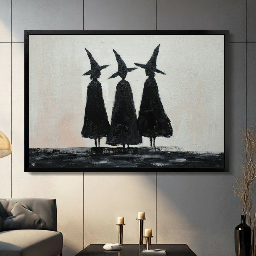 Framed black and white oil painting wall art of three witch silhouettes in pointed hats and dark cloaks standing together, displayed on a grey panelled wall in a moody modern living room