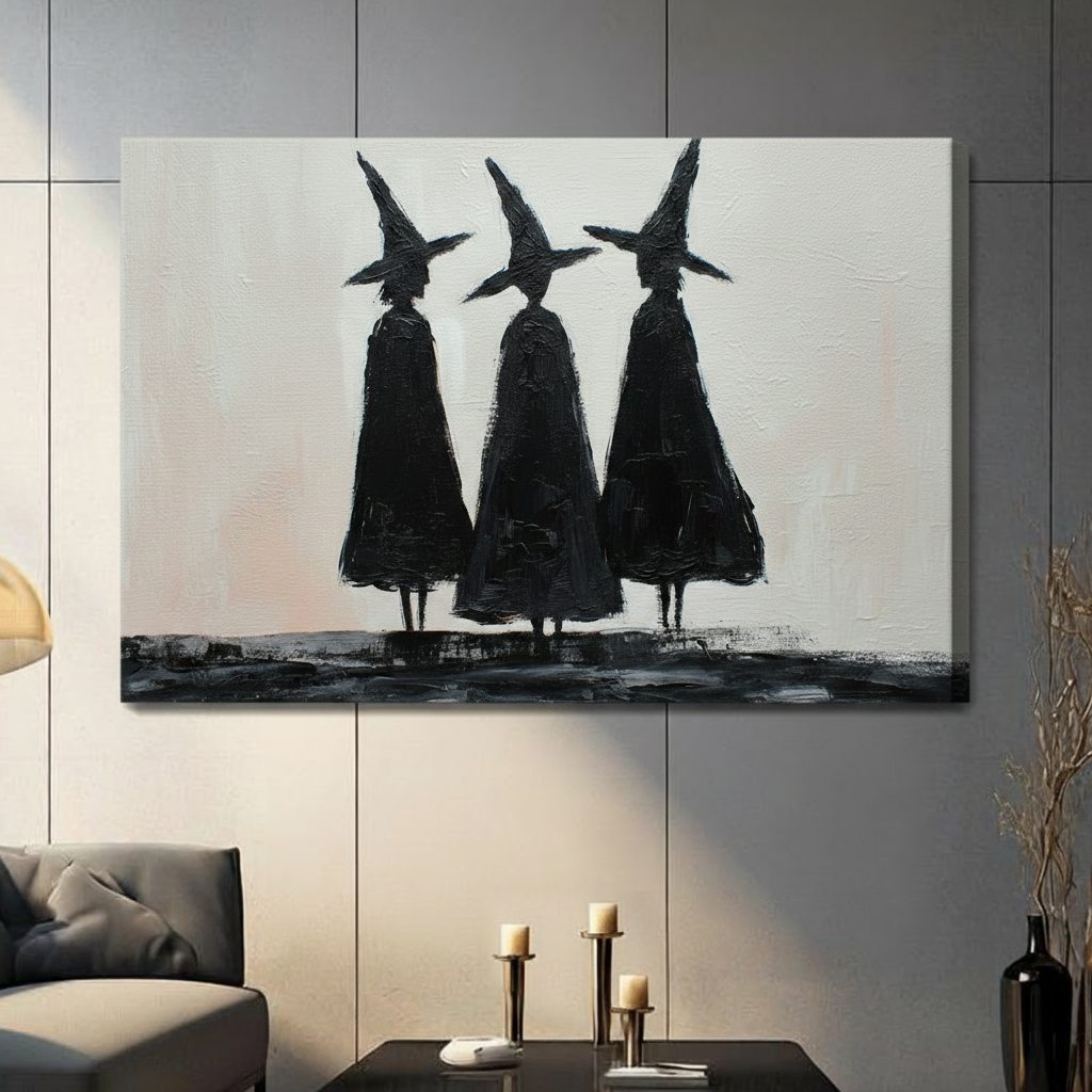 Gallery wrap canvas featuring three bold black witch silhouettes with pointed hats on a cream textured background, hung on a grey panelled wall in a contemporary dark living room