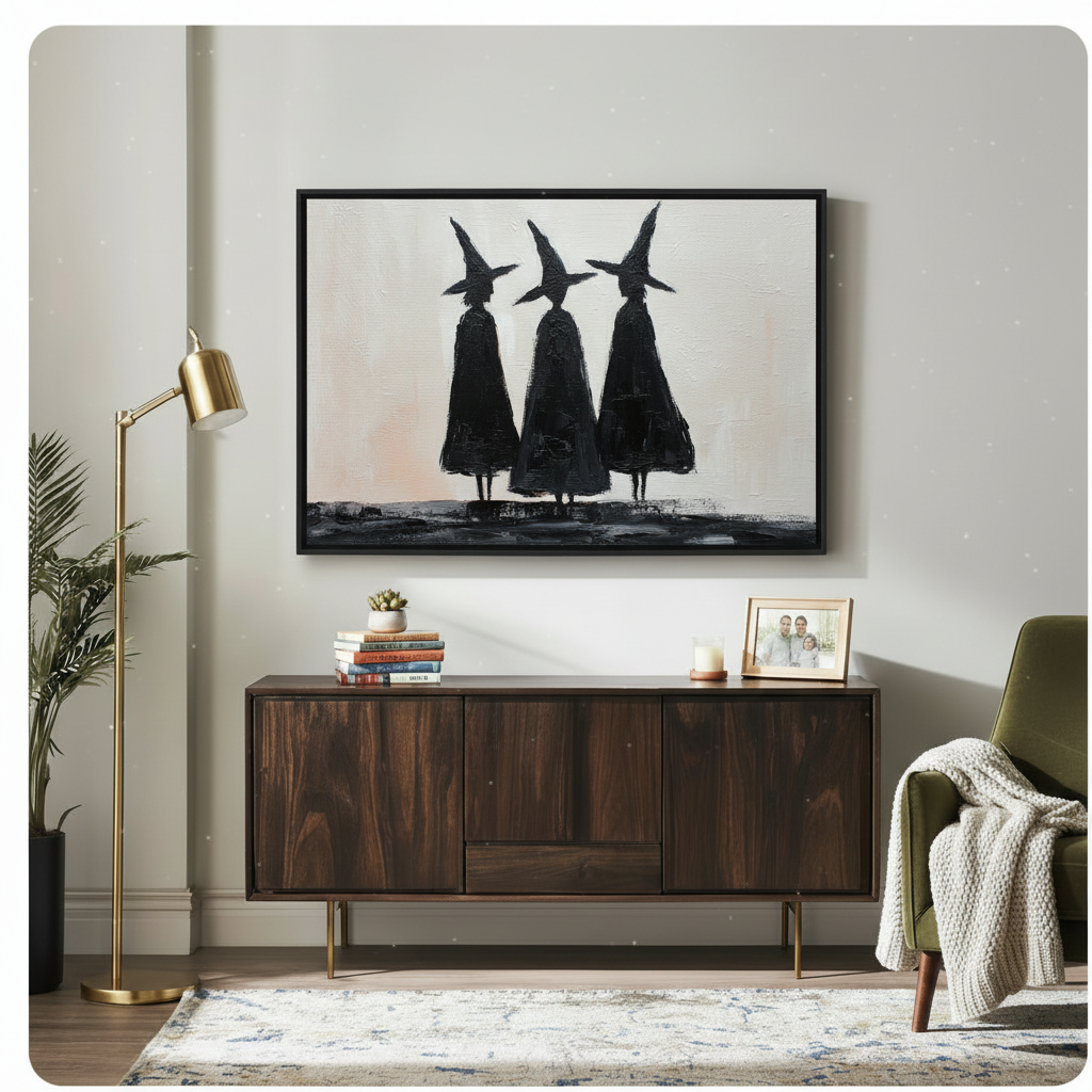 Black-framed three witches silhouette art print hung above a mid-century walnut sideboard in a light neutral living room, bold minimalist gothic wall decor with cream and black palette