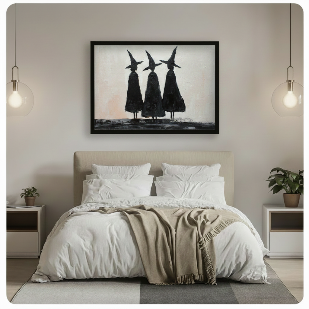 Framed three witches silhouette wall art hung above a linen upholstered bed in a soft neutral bedroom with pendant lights, striking black and white gothic art for bedroom decor