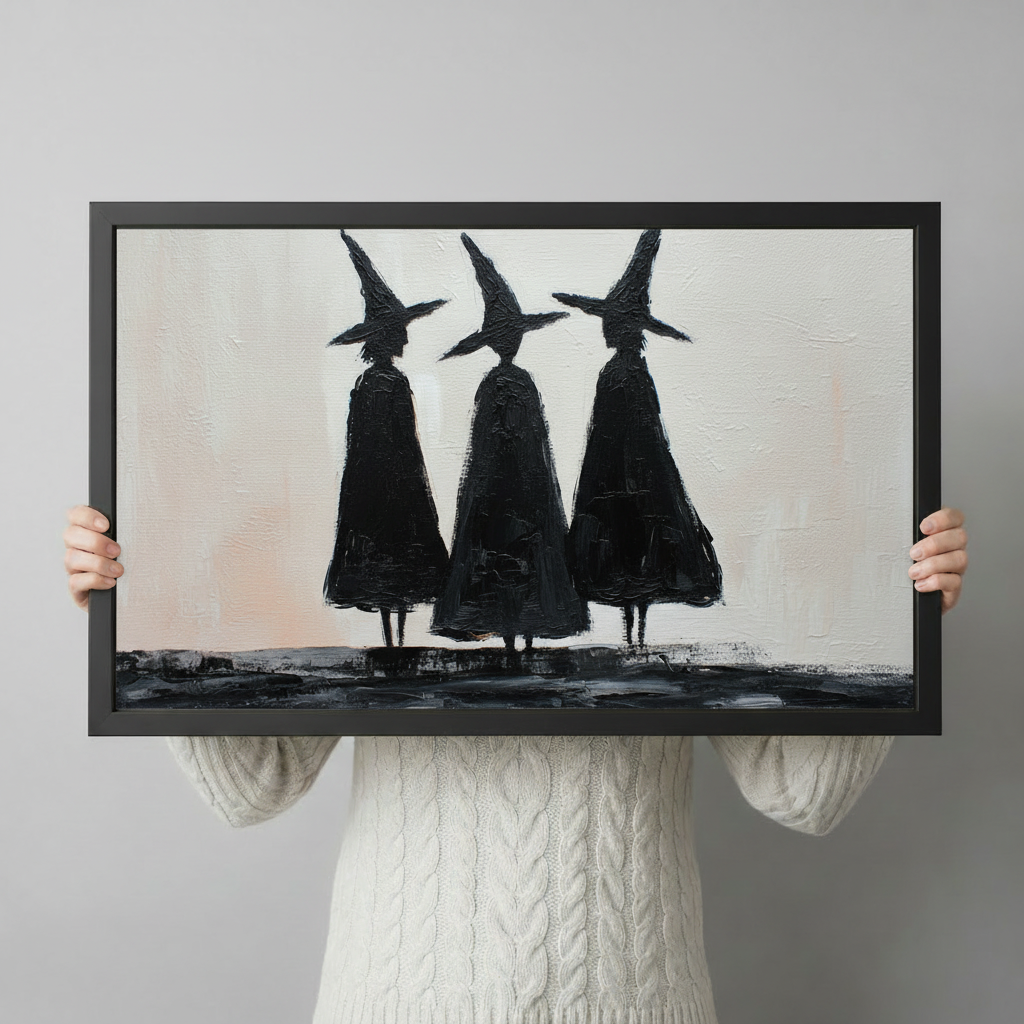 Hand-held close-up of a black-framed gothic witch wall art print showing three dramatic silhouettes in wide-brimmed hats and flowing cloaks on a pale cream background