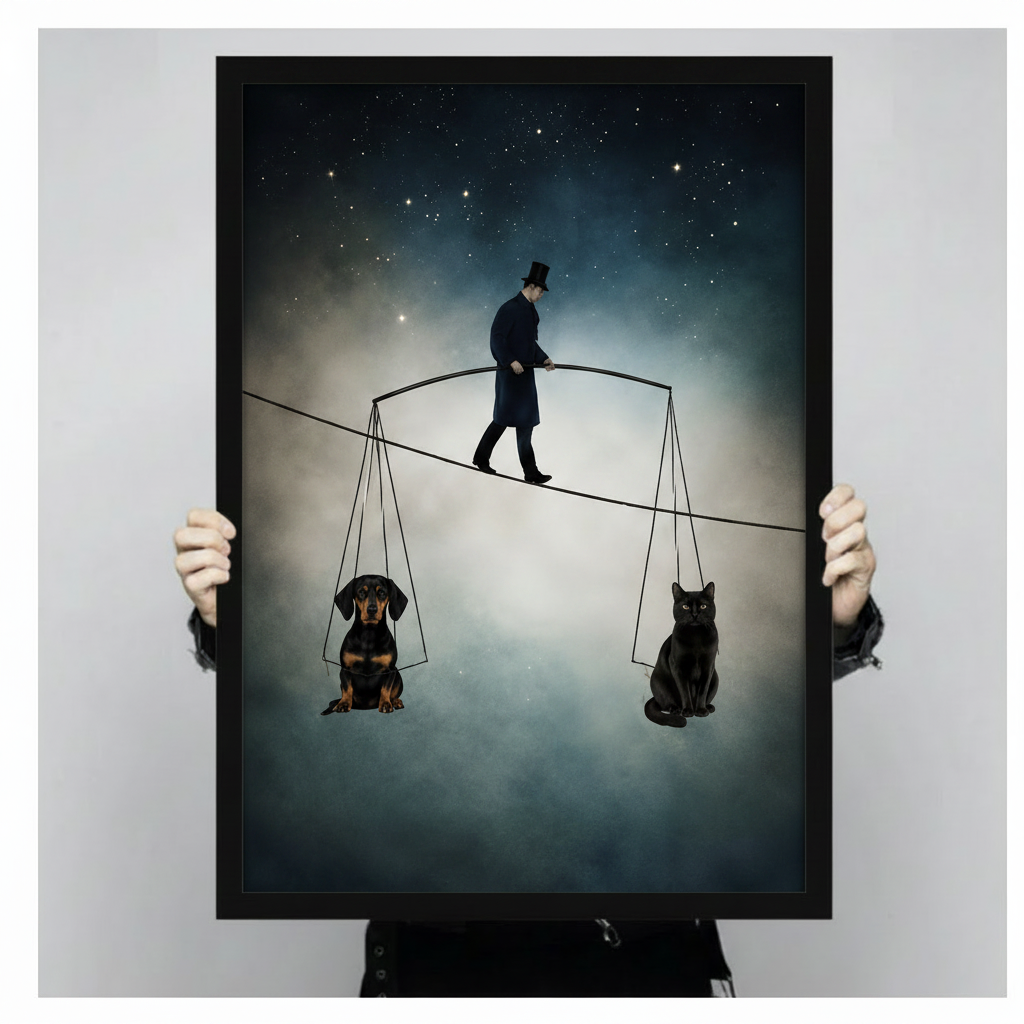 	Hand-held black framed poster of tightrope man balancing dog and cat under night stars – surreal pet art size preview