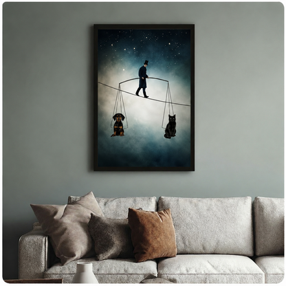 Moody surreal art print of tightrope man balancing dachshund and black cat in starry sky – black frame above grey sofa